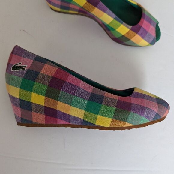 Lacoste Madras Plaid Wedge Peep Toe Shoes – Size 5 - Picture 4 of 10